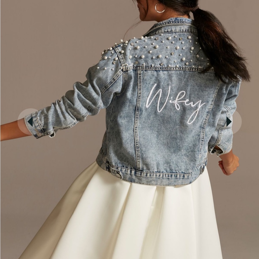 Wifey pearl and crystal studded denim jacket
